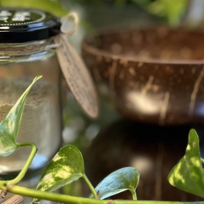 Maschera viso in polvere naturale, ciotola di cocco e cucchiaio di legno